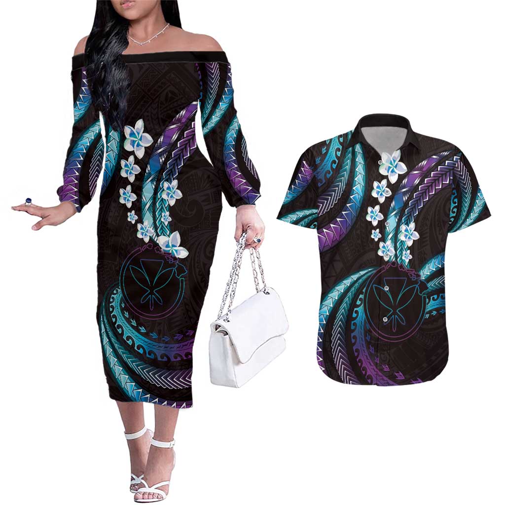 Hawaii Map Kanaka Maoli Couples Matching Off The Shoulder Long Sleeve Dress and Hawaiian Shirt Fantastic Frangipani Amethyst Gradient LT01 Purple - Polynesian Pride