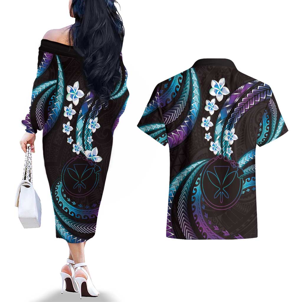 Hawaii Map Kanaka Maoli Couples Matching Off The Shoulder Long Sleeve Dress and Hawaiian Shirt Fantastic Frangipani Amethyst Gradient LT01 - Polynesian Pride