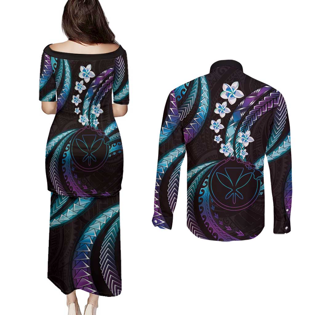 Hawaii Map Kanaka Maoli Couples Matching Puletasi and Long Sleeve Button Shirt Fantastic Frangipani Amethyst Gradient
