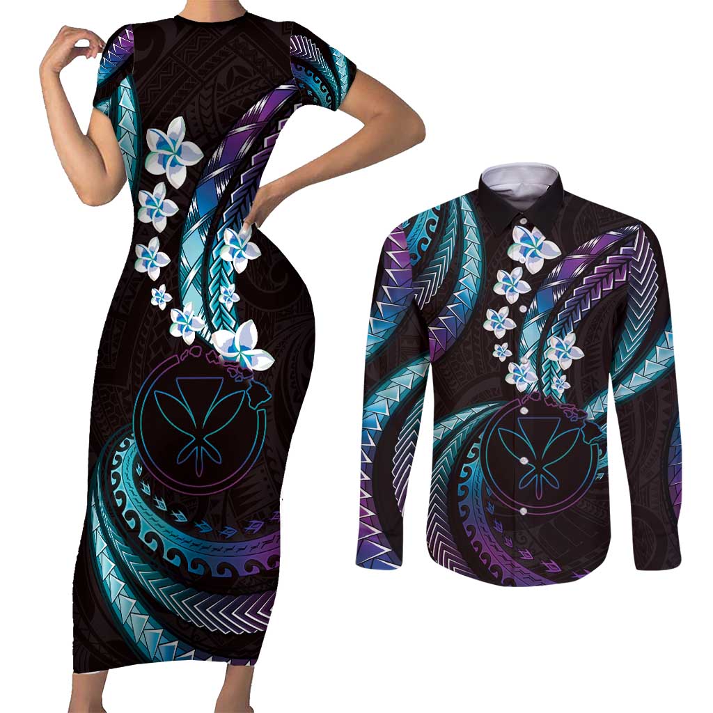 Hawaii Map Kanaka Maoli Couples Matching Short Sleeve Bodycon Dress and Long Sleeve Button Shirt Fantastic Frangipani Amethyst Gradient LT01 Purple - Polynesian Pride