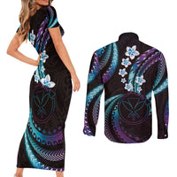 Hawaii Map Kanaka Maoli Couples Matching Short Sleeve Bodycon Dress and Long Sleeve Button Shirt Fantastic Frangipani Amethyst Gradient LT01 - Polynesian Pride