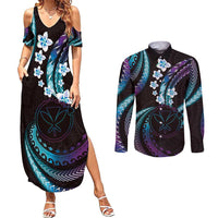 Hawaii Map Kanaka Maoli Couples Matching Summer Maxi Dress and Long Sleeve Button Shirt Fantastic Frangipani Amethyst Gradient