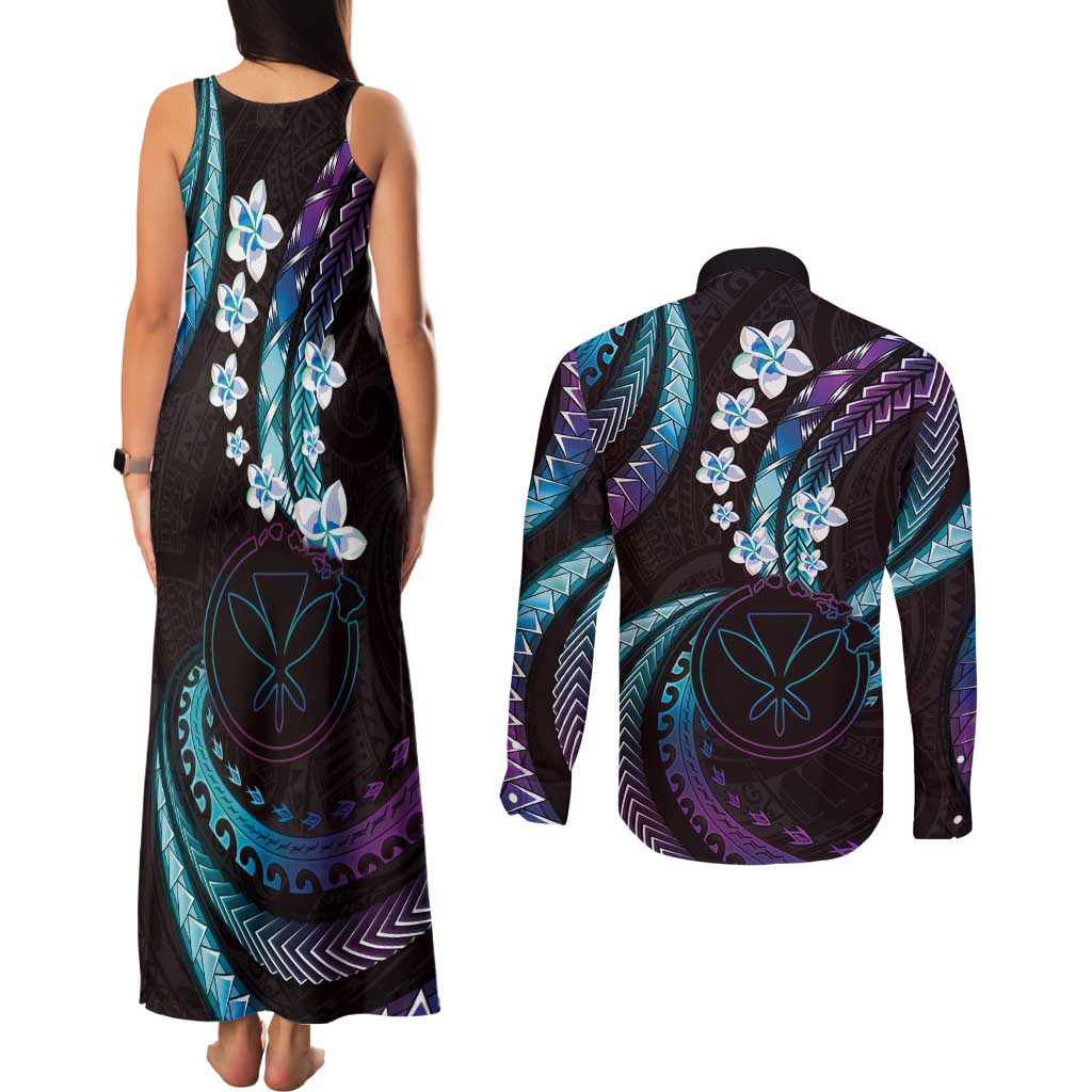 Hawaii Map Kanaka Maoli Couples Matching Tank Maxi Dress and Long Sleeve Button Shirt Fantastic Frangipani Amethyst Gradient LT01 - Polynesian Pride