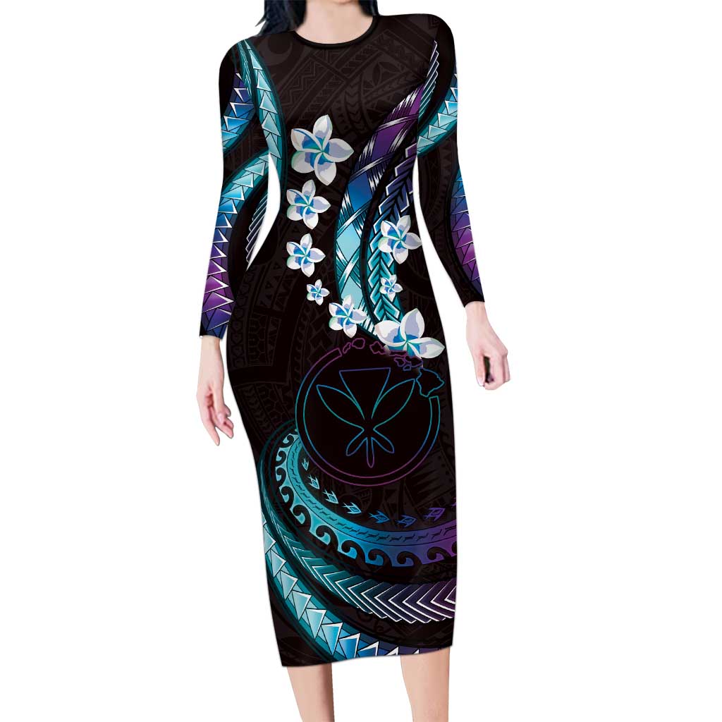 Hawaii Map Kanaka Maoli Family Matching Long Sleeve Bodycon Dress and Hawaiian Shirt Fantastic Frangipani Amethyst Gradient LT01 Mom's Dress Purple - Polynesian Pride
