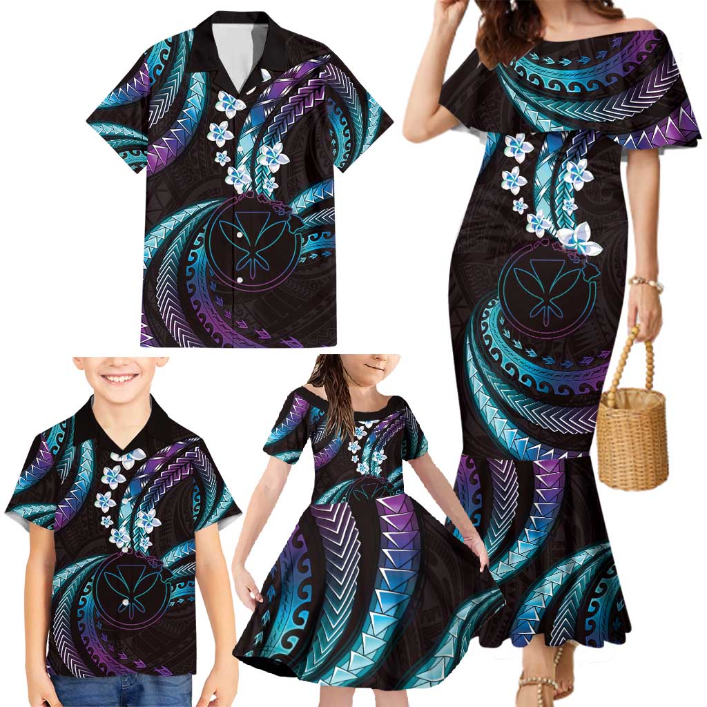 Hawaii Map Kanaka Maoli Family Matching Mermaid Dress and Hawaiian Shirt Fantastic Frangipani Amethyst Gradient LT01 - Polynesian Pride