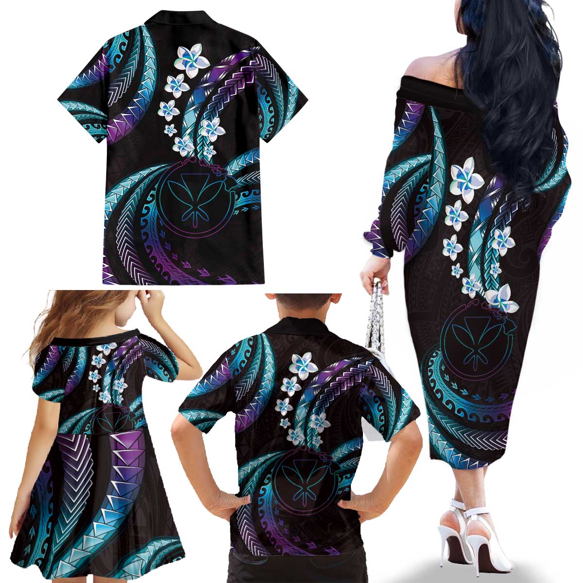 Hawaii Map Kanaka Maoli Family Matching Off The Shoulder Long Sleeve Dress and Hawaiian Shirt Fantastic Frangipani Amethyst Gradient LT01 - Polynesian Pride