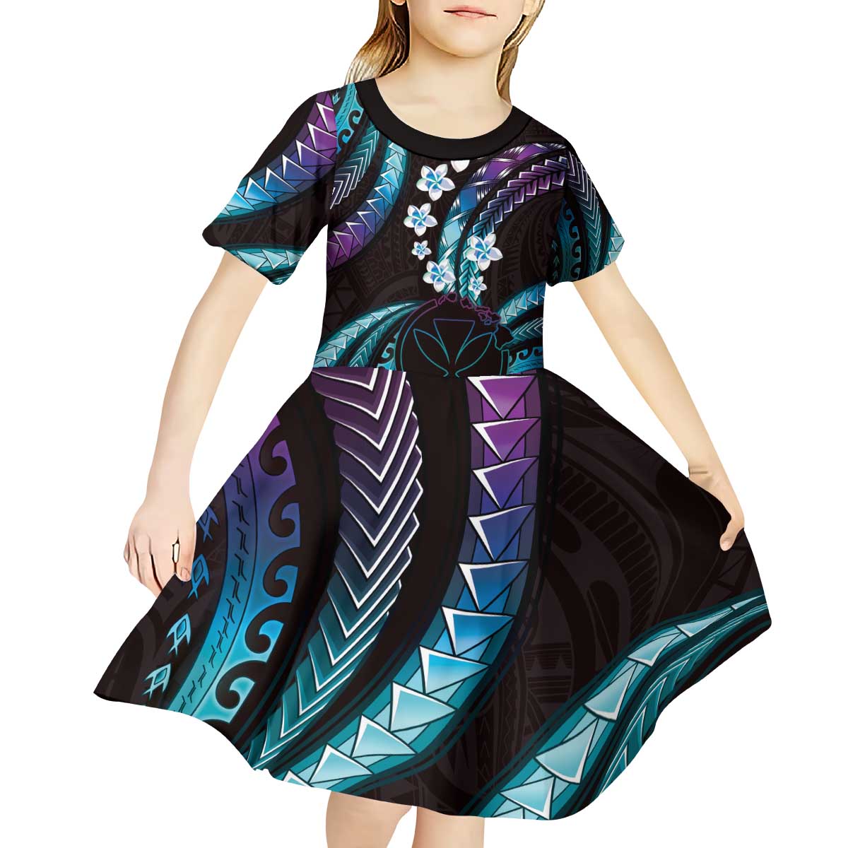 Hawaii Map Kanaka Maoli Kid Short Sleeve Dress Fantastic Frangipani Amethyst Gradient