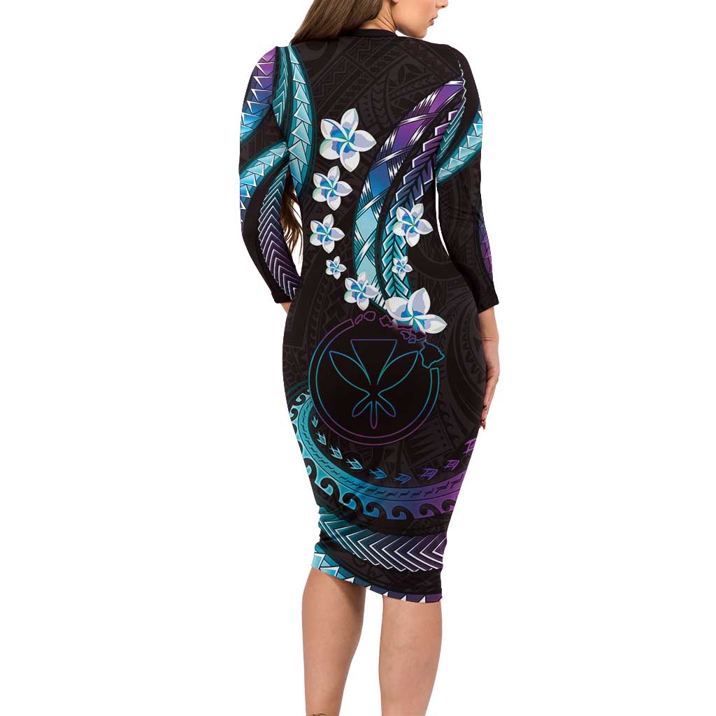 Hawaii Map Kanaka Maoli Long Sleeve Bodycon Dress Fantastic Frangipani Amethyst Gradient