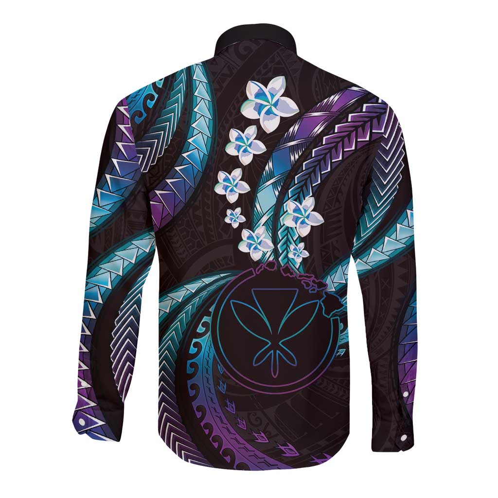 Hawaii Map Kanaka Maoli Long Sleeve Button Shirt Fantastic Frangipani Amethyst Gradient