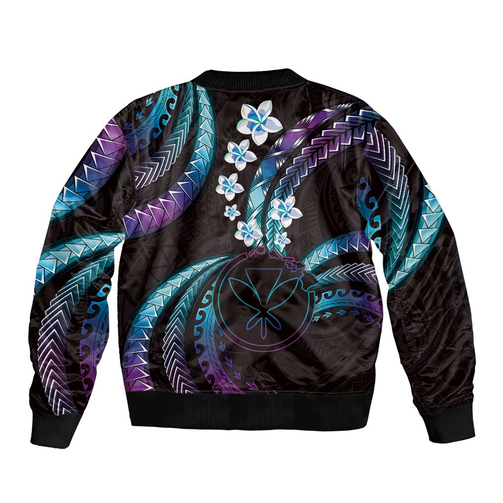 Hawaii Map Kanaka Maoli Sleeve Zip Bomber Jacket Fantastic Frangipani Amethyst Gradient