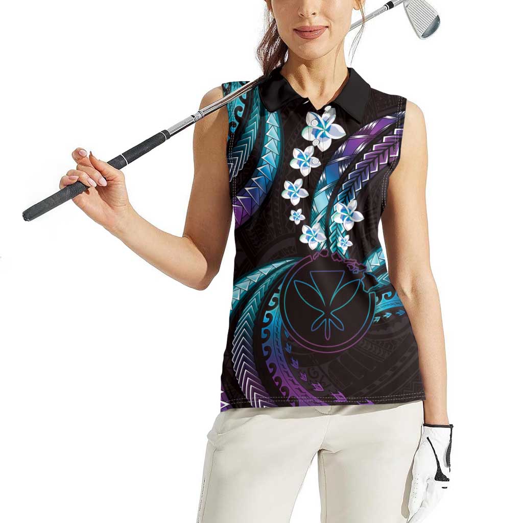 Hawaii Map Kanaka Maoli Women Sleeveless Polo Shirt Fantastic Frangipani Amethyst Gradient