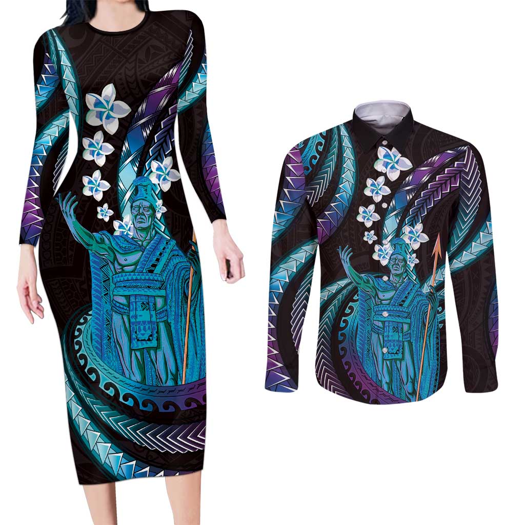 Hawaii King Kamehameha Couples Matching Long Sleeve Bodycon Dress and Long Sleeve Button Shirt Fantastic Plumeria Amethyst Gradient LT01 Purple - Polynesian Pride