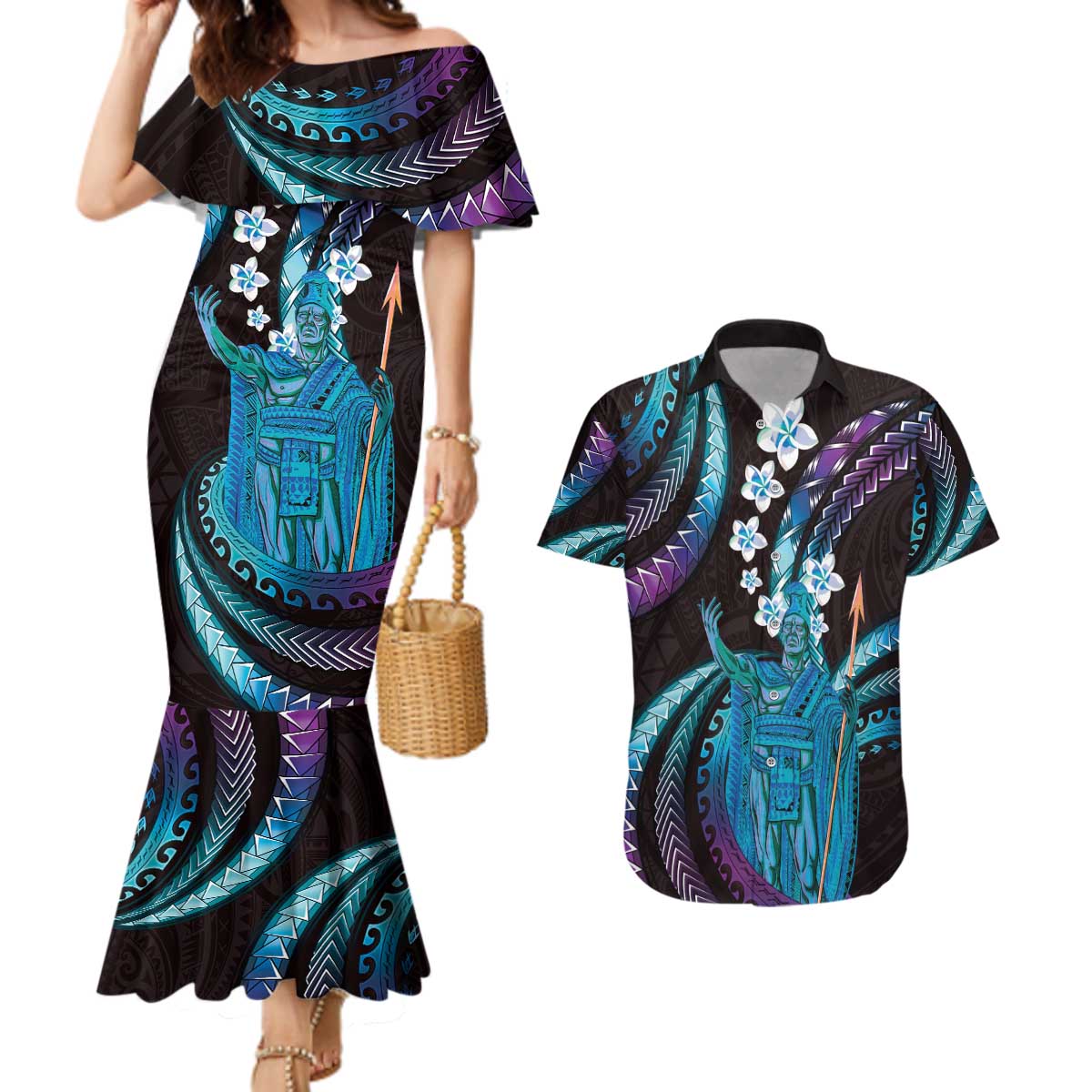 Hawaii King Kamehameha Couples Matching Mermaid Dress and Hawaiian Shirt Fantastic Plumeria Amethyst Gradient LT01 Purple - Polynesian Pride