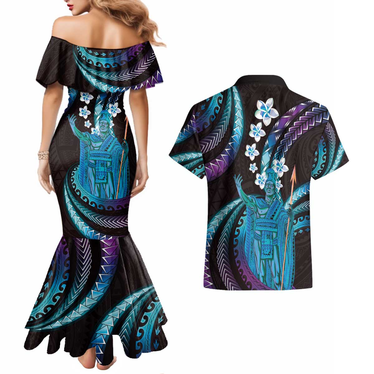 Hawaii King Kamehameha Couples Matching Mermaid Dress and Hawaiian Shirt Fantastic Plumeria Amethyst Gradient LT01 - Polynesian Pride
