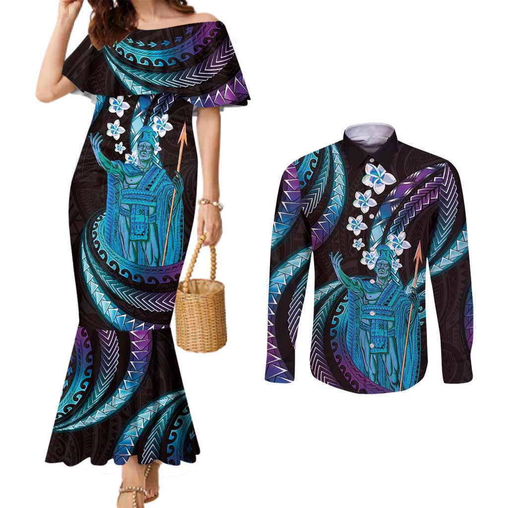 Hawaii King Kamehameha Couples Matching Mermaid Dress and Long Sleeve Button Shirt Fantastic Plumeria Amethyst Gradient LT01 Purple - Polynesian Pride