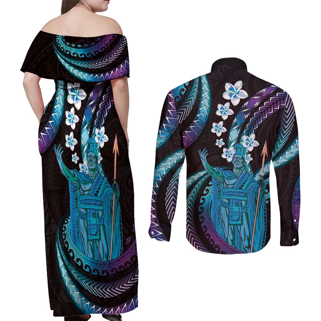 Hawaii King Kamehameha Couples Matching Off Shoulder Maxi Dress and Long Sleeve Button Shirt Fantastic Plumeria Amethyst Gradient LT01 - Polynesian Pride