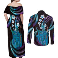 Hawaii King Kamehameha Couples Matching Off Shoulder Maxi Dress and Long Sleeve Button Shirt Fantastic Plumeria Amethyst Gradient LT01 - Polynesian Pride