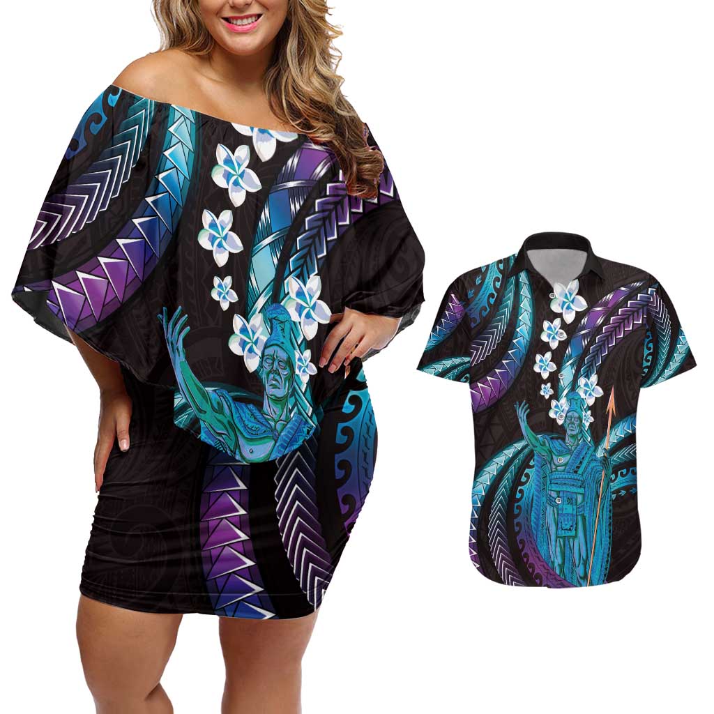 Hawaii King Kamehameha Couples Matching Off Shoulder Short Dress and Hawaiian Shirt Fantastic Plumeria Amethyst Gradient LT01 Purple - Polynesian Pride
