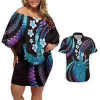 Hawaii King Kamehameha Couples Matching Off Shoulder Short Dress and Hawaiian Shirt Fantastic Plumeria Amethyst Gradient LT01 Purple - Polynesian Pride