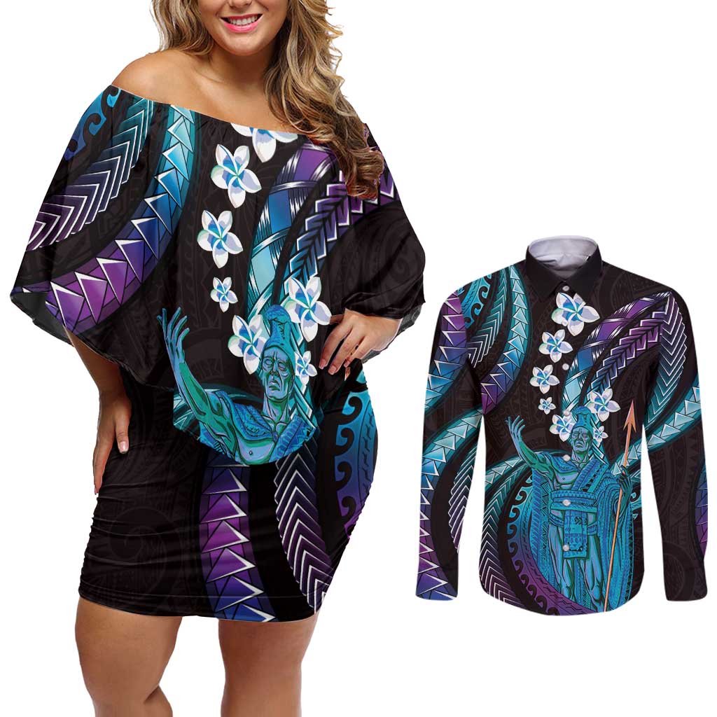 Hawaii King Kamehameha Couples Matching Off Shoulder Short Dress and Long Sleeve Button Shirt Fantastic Plumeria Amethyst Gradient LT01 Purple - Polynesian Pride