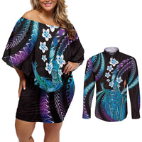 Hawaii King Kamehameha Couples Matching Off Shoulder Short Dress and Long Sleeve Button Shirt Fantastic Plumeria Amethyst Gradient LT01 Purple - Polynesian Pride