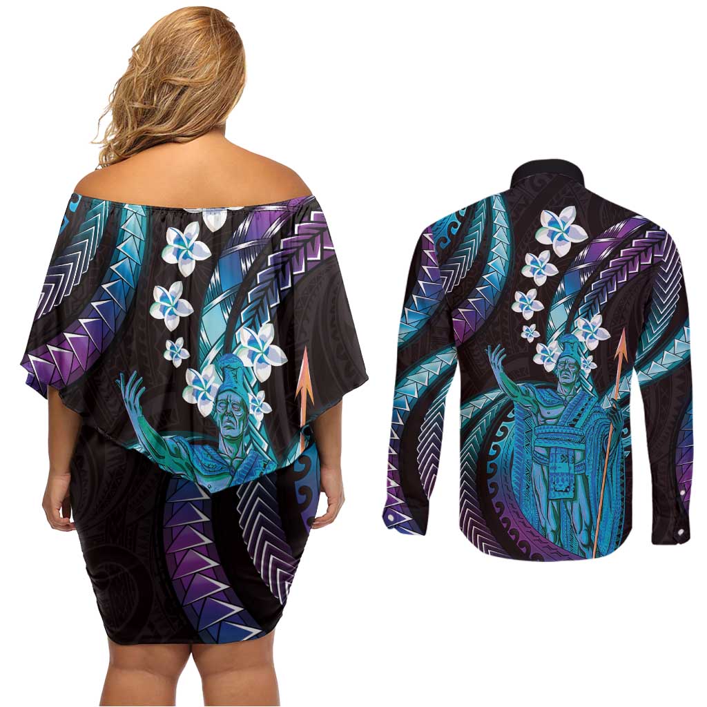 Hawaii King Kamehameha Couples Matching Off Shoulder Short Dress and Long Sleeve Button Shirt Fantastic Plumeria Amethyst Gradient LT01 - Polynesian Pride