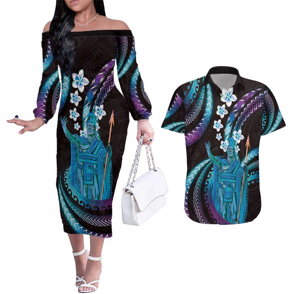 Hawaii King Kamehameha Couples Matching Off The Shoulder Long Sleeve Dress and Hawaiian Shirt Fantastic Plumeria Amethyst Gradient LT01 Purple - Polynesian Pride