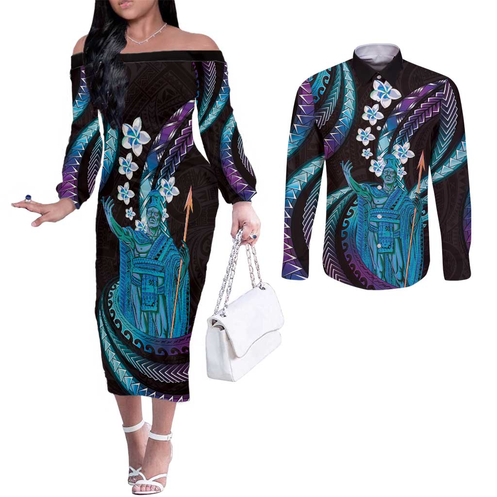 Hawaii King Kamehameha Couples Matching Off The Shoulder Long Sleeve Dress and Long Sleeve Button Shirt Fantastic Plumeria Amethyst Gradient LT01 Purple - Polynesian Pride