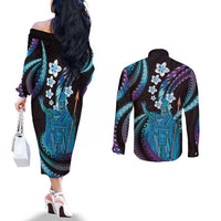 Hawaii King Kamehameha Couples Matching Off The Shoulder Long Sleeve Dress and Long Sleeve Button Shirt Fantastic Plumeria Amethyst Gradient LT01 - Polynesian Pride