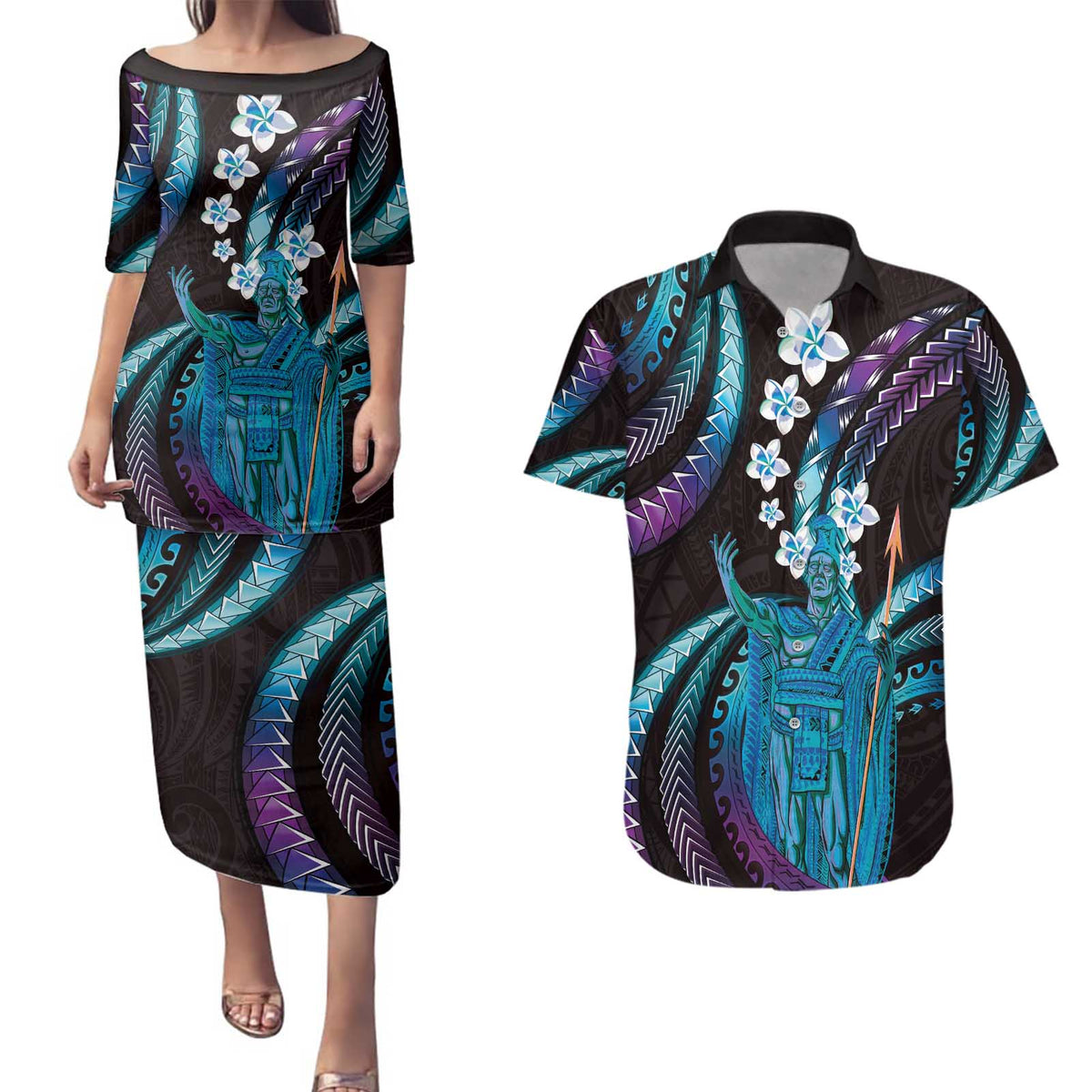 Hawaii King Kamehameha Couples Matching Puletasi and Hawaiian Shirt Fantastic Plumeria Amethyst Gradient LT01 Purple - Polynesian Pride