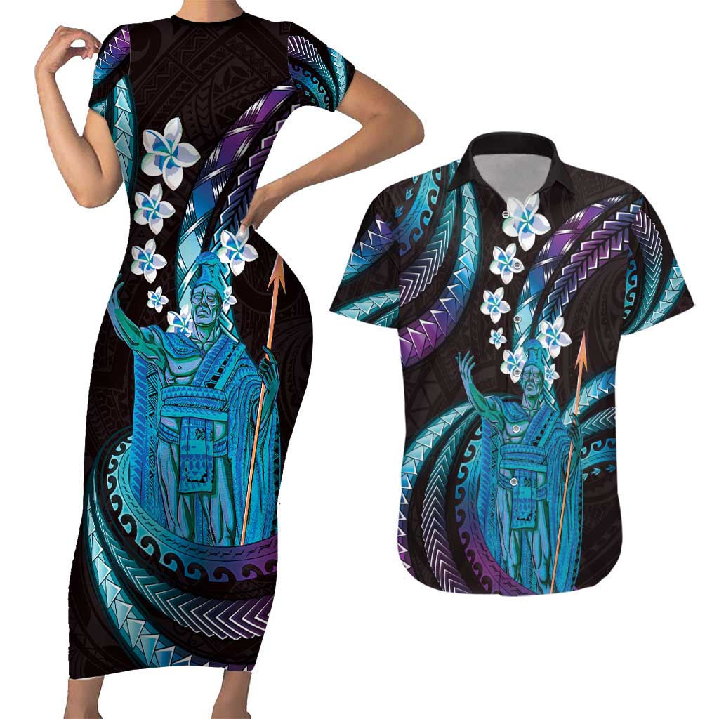 Hawaii King Kamehameha Couples Matching Short Sleeve Bodycon Dress and Hawaiian Shirt Fantastic Plumeria Amethyst Gradient LT01 Purple - Polynesian Pride