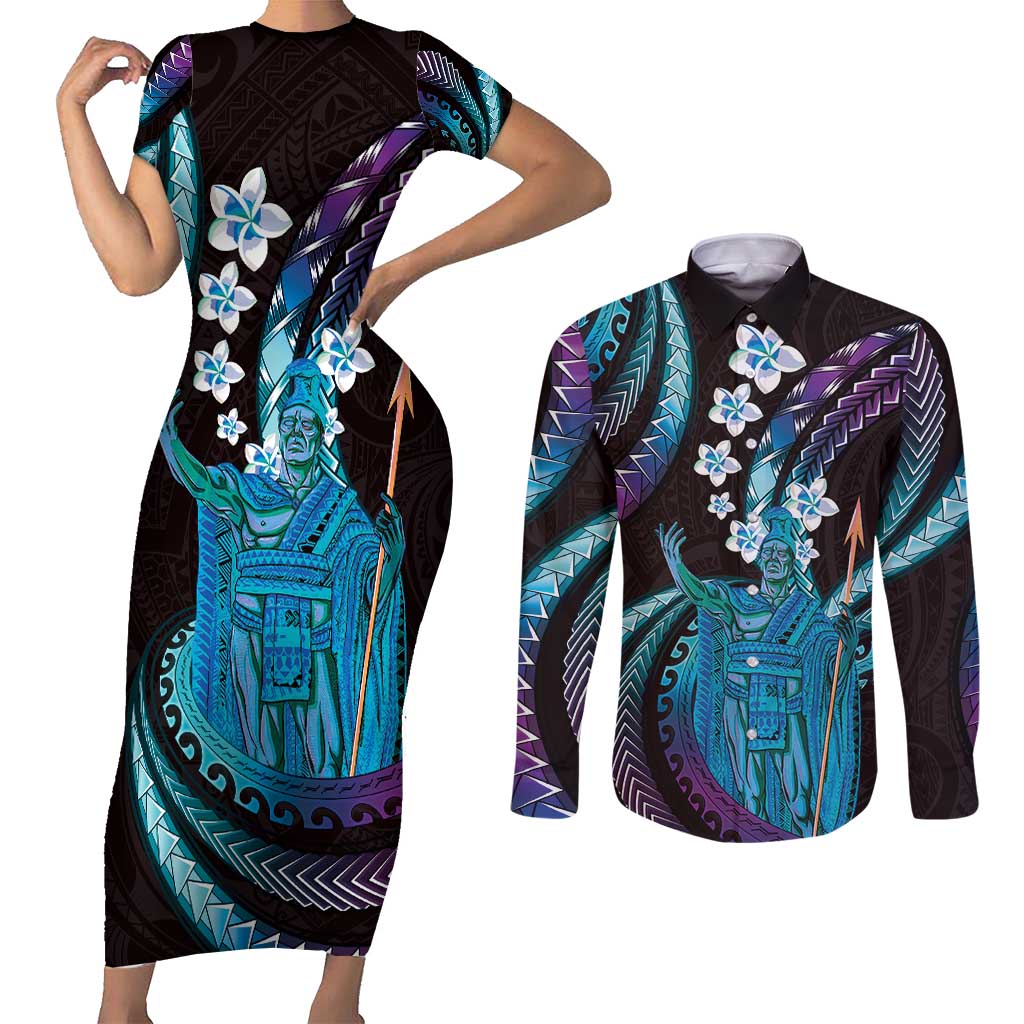 Hawaii King Kamehameha Couples Matching Short Sleeve Bodycon Dress and Long Sleeve Button Shirt Fantastic Plumeria Amethyst Gradient LT01 Purple - Polynesian Pride