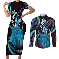 Hawaii King Kamehameha Couples Matching Short Sleeve Bodycon Dress and Long Sleeve Button Shirt Fantastic Plumeria Amethyst Gradient LT01 Purple - Polynesian Pride