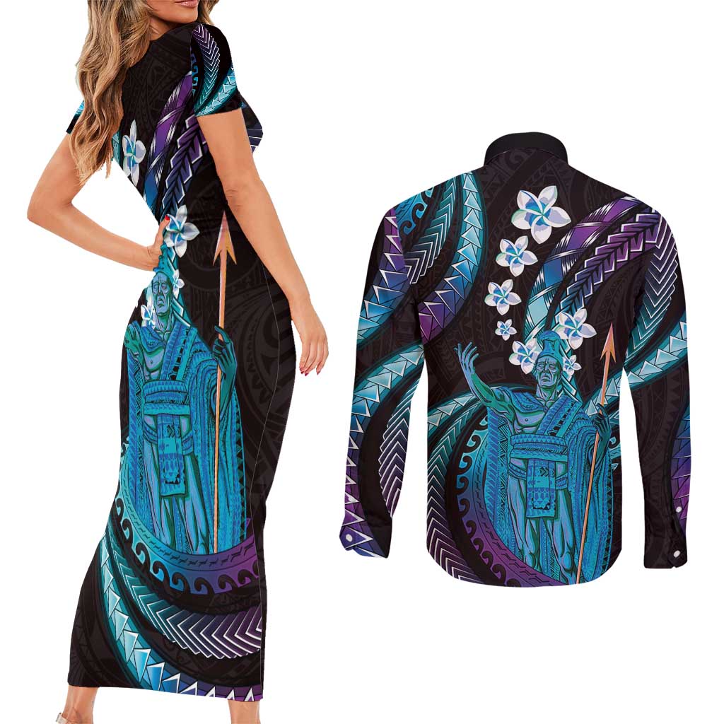 Hawaii King Kamehameha Couples Matching Short Sleeve Bodycon Dress and Long Sleeve Button Shirt Fantastic Plumeria Amethyst Gradient LT01 - Polynesian Pride