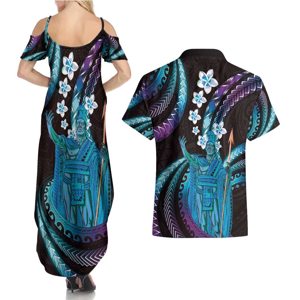 Hawaii King Kamehameha Couples Matching Summer Maxi Dress and Hawaiian Shirt Fantastic Plumeria Amethyst Gradient LT01 - Polynesian Pride