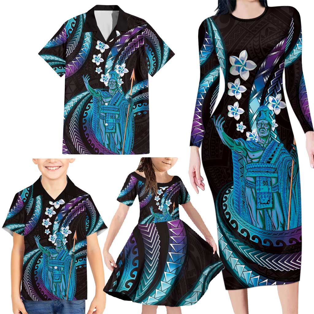 Hawaii King Kamehameha Family Matching Long Sleeve Bodycon Dress and Hawaiian Shirt Fantastic Plumeria Amethyst Gradient LT01 - Polynesian Pride