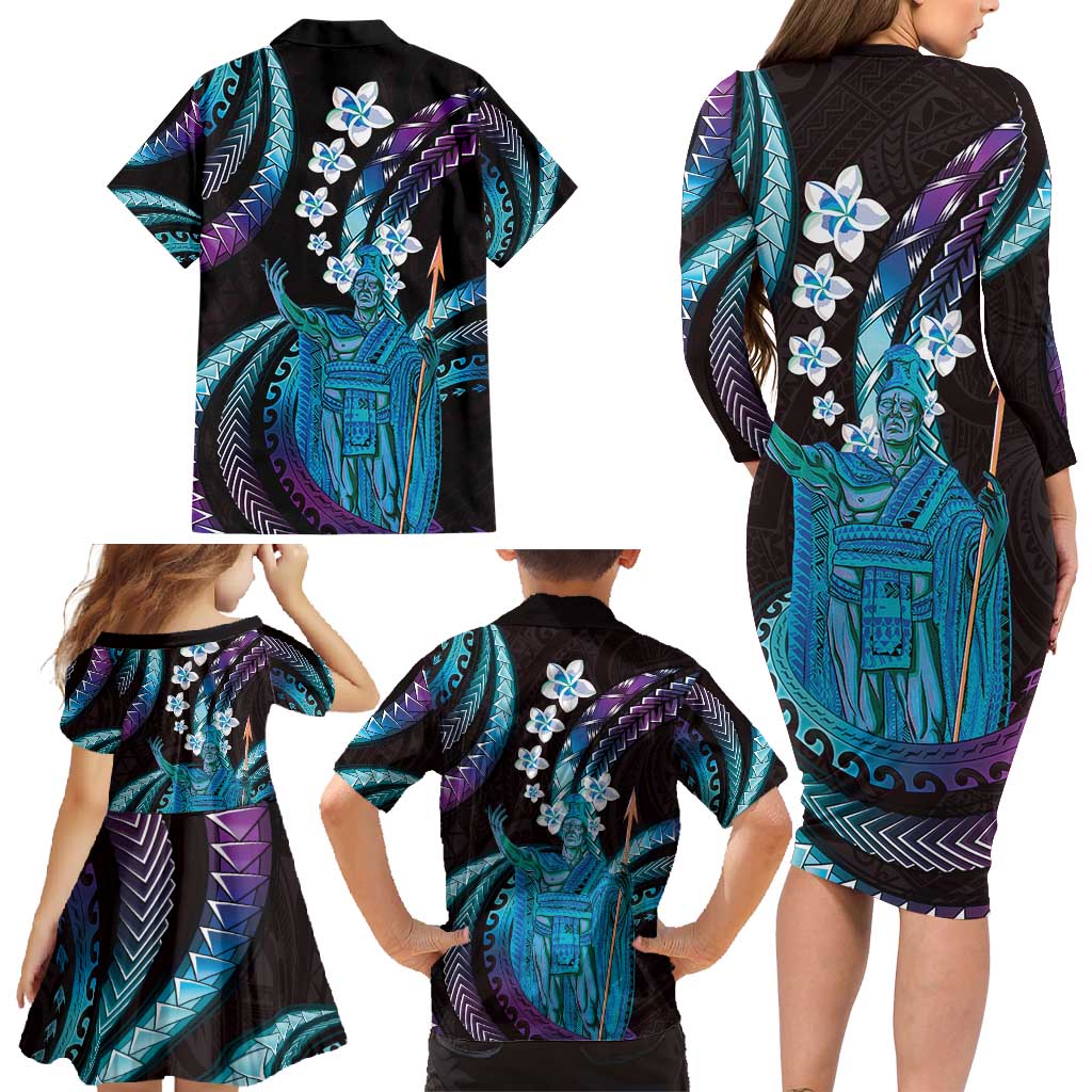 Hawaii King Kamehameha Family Matching Long Sleeve Bodycon Dress and Hawaiian Shirt Fantastic Plumeria Amethyst Gradient LT01 - Polynesian Pride