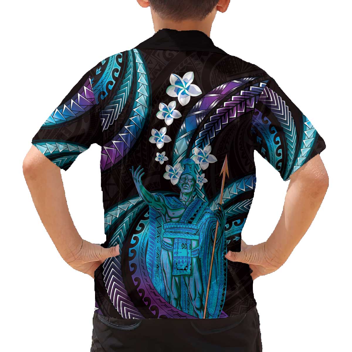 Hawaii King Kamehameha Family Matching Off The Shoulder Long Sleeve Dress and Hawaiian Shirt Fantastic Plumeria Amethyst Gradient LT01 - Polynesian Pride