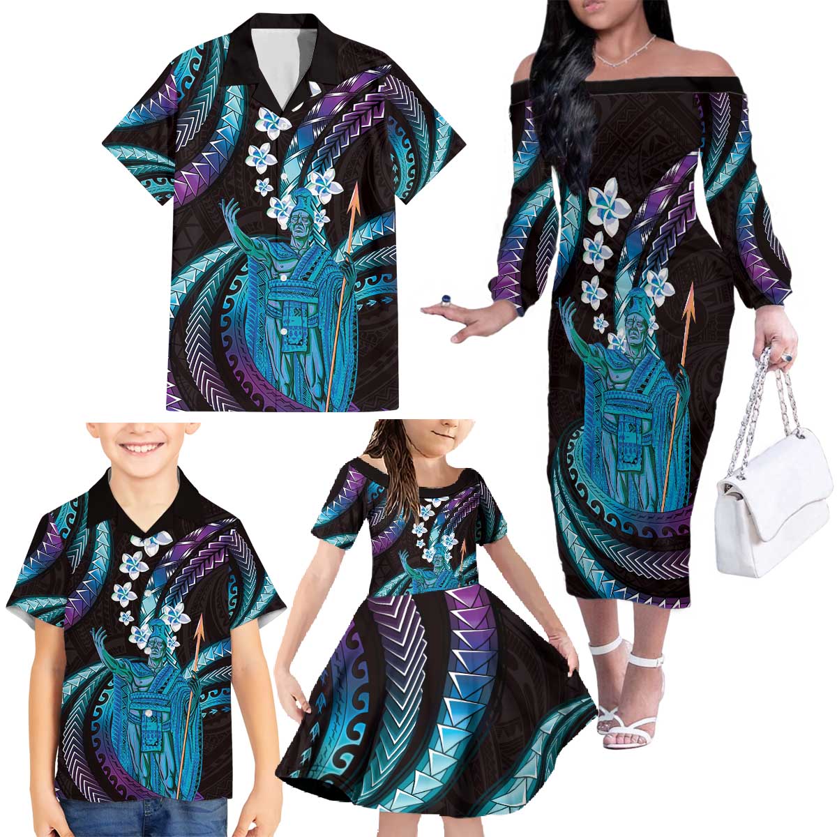 Hawaii King Kamehameha Family Matching Off The Shoulder Long Sleeve Dress and Hawaiian Shirt Fantastic Plumeria Amethyst Gradient