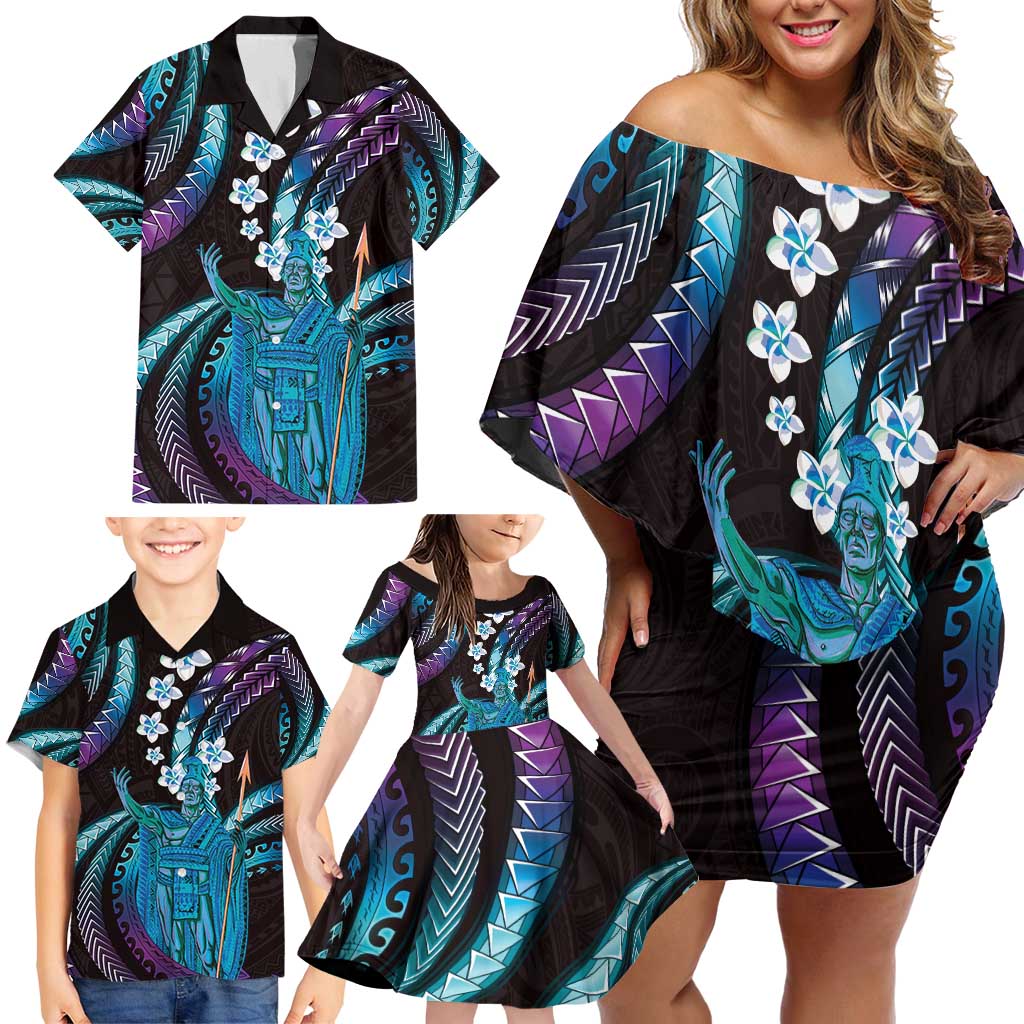 Hawaii King Kamehameha Family Matching Off Shoulder Short Dress and Hawaiian Shirt Fantastic Plumeria Amethyst Gradient LT01 - Polynesian Pride