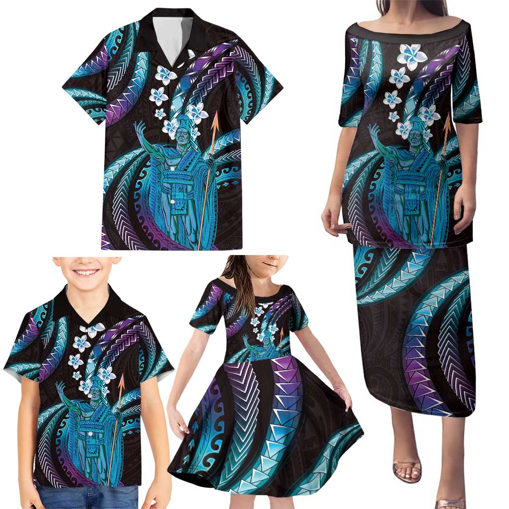 Hawaii King Kamehameha Family Matching Puletasi and Hawaiian Shirt Fantastic Plumeria Amethyst Gradient LT01 - Polynesian Pride