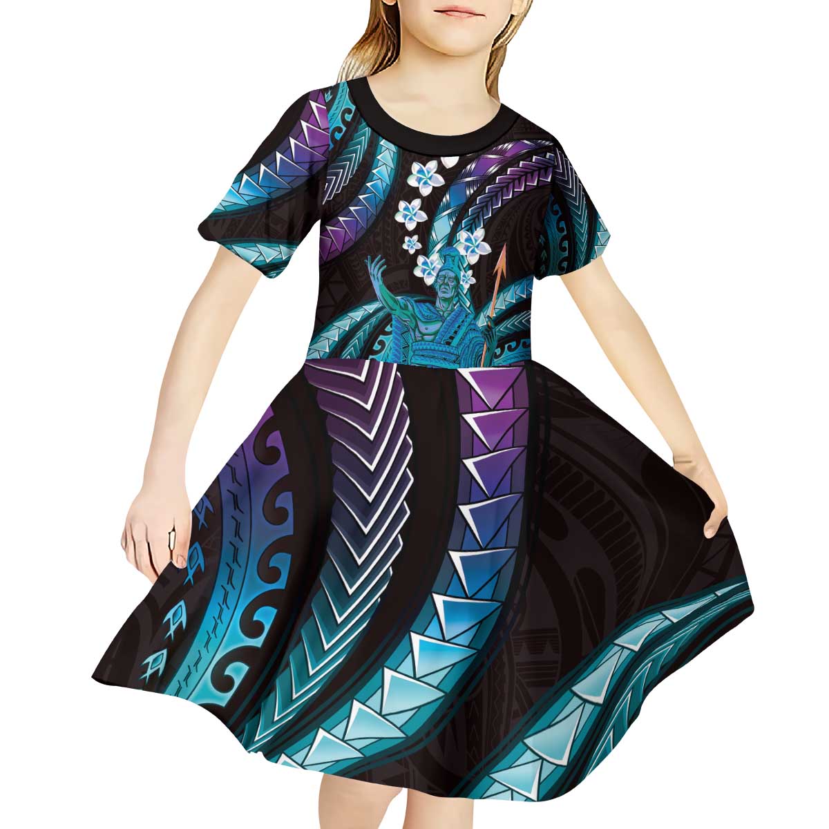 Hawaii King Kamehameha Kid Short Sleeve Dress Fantastic Plumeria Amethyst Gradient