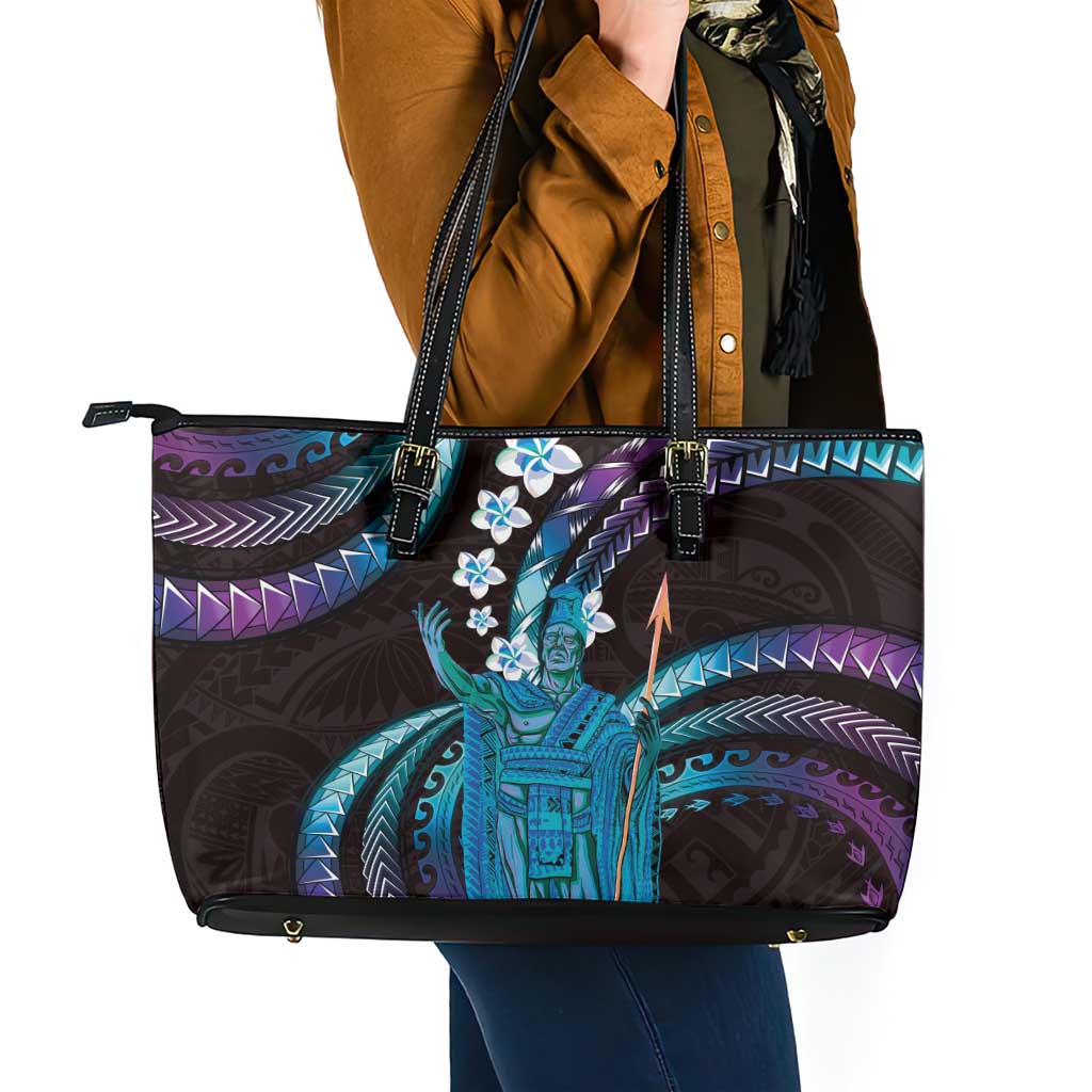 Hawaii King Kamehameha Leather Tote Bag Fantastic Plumeria Amethyst Gradient