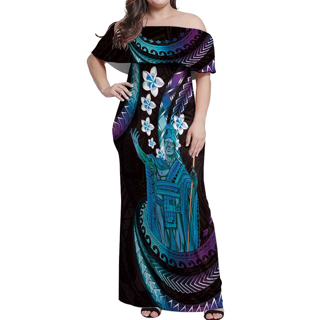Hawaii King Kamehameha Off Shoulder Maxi Dress Fantastic Plumeria Amethyst Gradient
