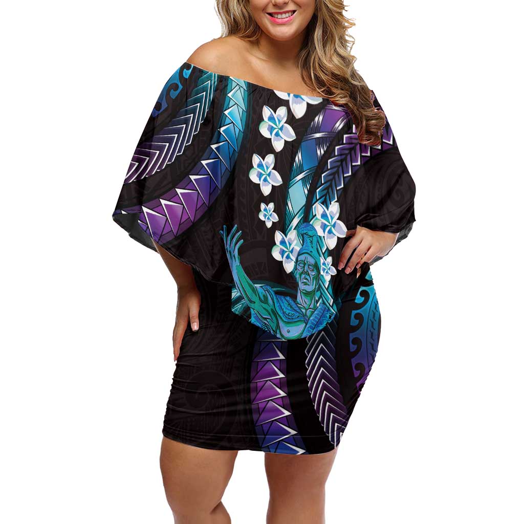 Hawaii King Kamehameha Off Shoulder Short Dress Fantastic Plumeria Amethyst Gradient