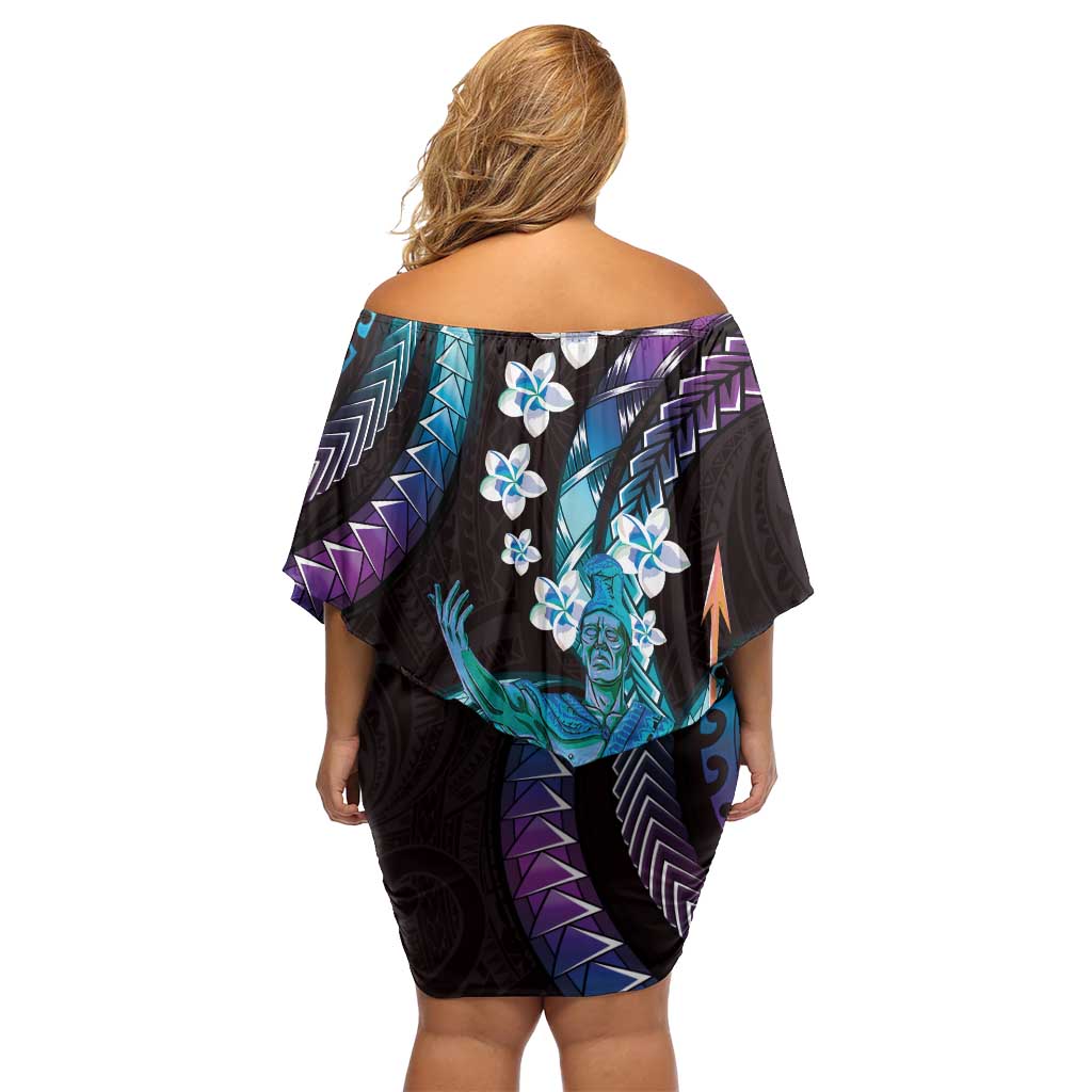 Hawaii King Kamehameha Off Shoulder Short Dress Fantastic Plumeria Amethyst Gradient