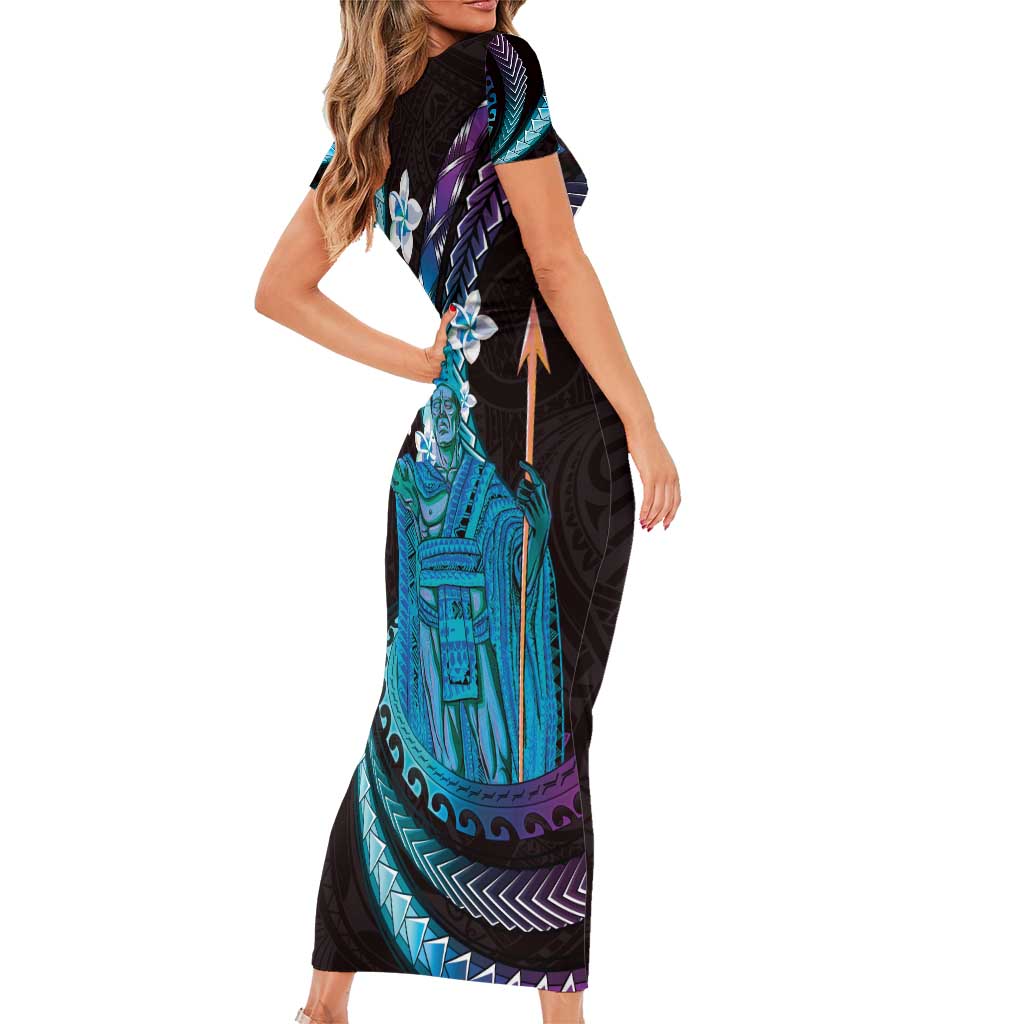 Hawaii King Kamehameha Short Sleeve Bodycon Dress Fantastic Plumeria Amethyst Gradient