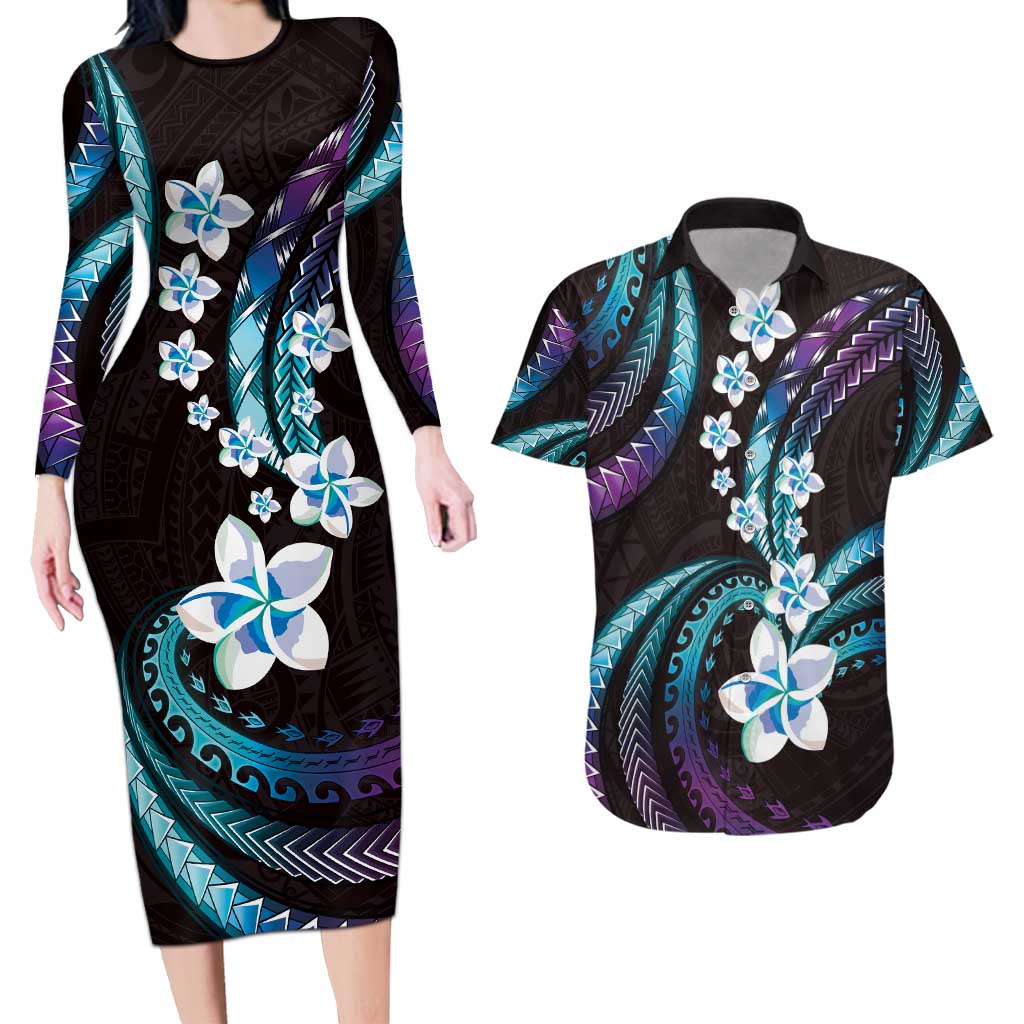 Hawaii Plumeria Couples Matching Long Sleeve Bodycon Dress and Hawaiian Shirt Amethyst Gradient Polynesian Pattern