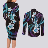 Hawaii Plumeria Couples Matching Long Sleeve Bodycon Dress and Long Sleeve Button Shirt Amethyst Gradient Polynesian Pattern
