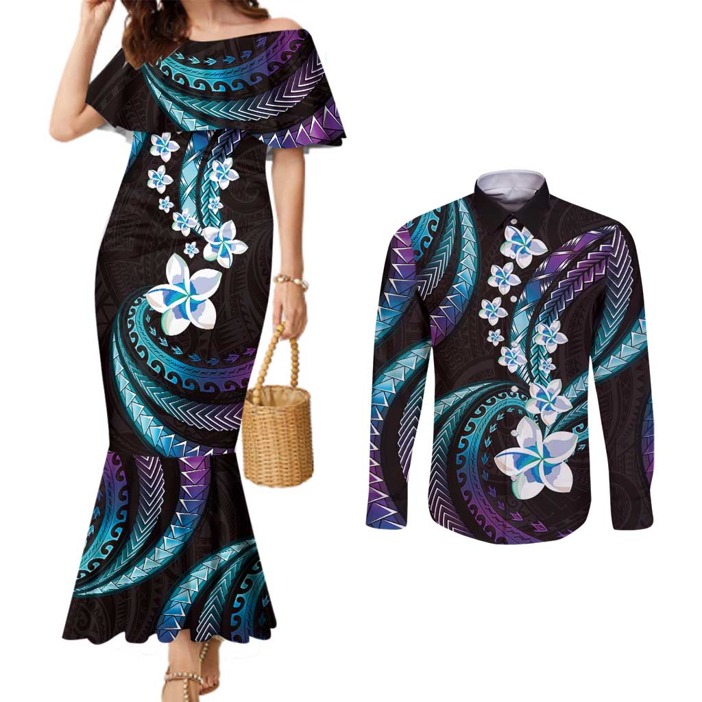 Hawaii Plumeria Couples Matching Mermaid Dress and Long Sleeve Button Shirt Amethyst Gradient Polynesian Pattern